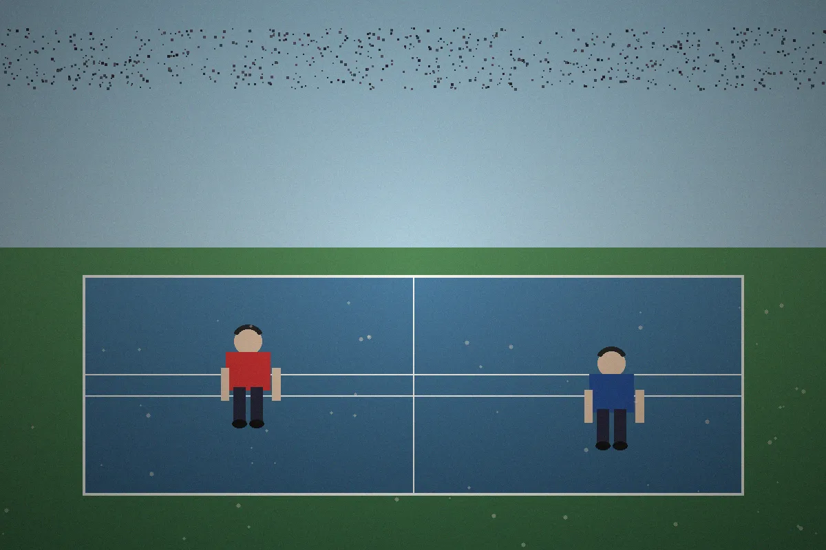 Tennis hub — outdoor court at dusk with serve in motion